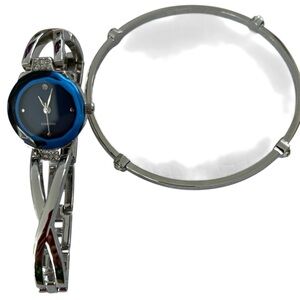 Diamond brand watch, royal blue dial, silver-tone crisscross band & bangle set